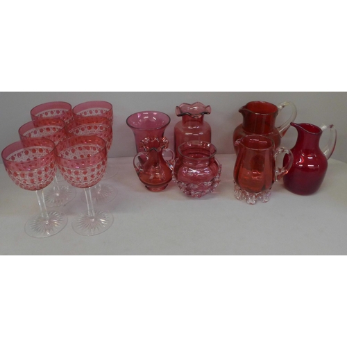 821 - A box of mixed cranberry glass and a set of six flash cut wines **PLEASE NOTE THIS LOT IS NOT ELIGIB... 