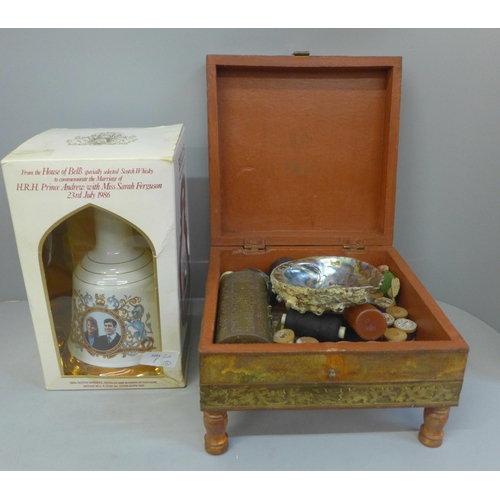 826 - Assorted items including sewing equipment in an Eastern style box and a Bells Scotch whisky decanter... 