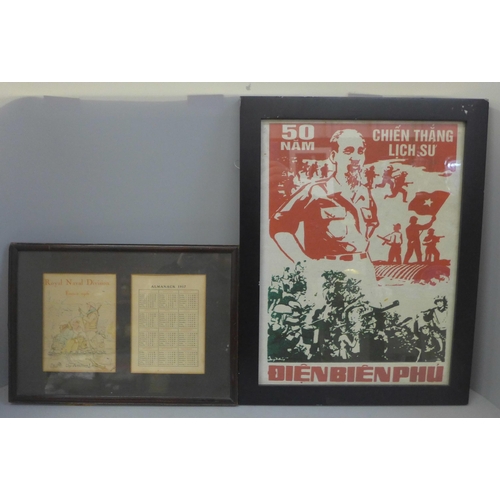 830 - A Vietnamese poster; 50 Years of Dien Bien Phu Historic Victory and two mounted pages - Almanack 191... 