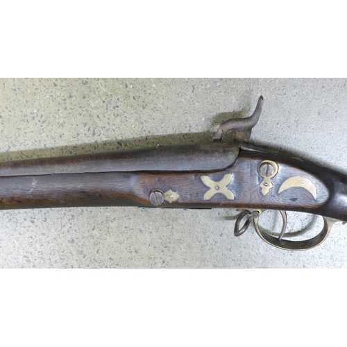 842 - An Indian musket, a/f, damaged and repaired