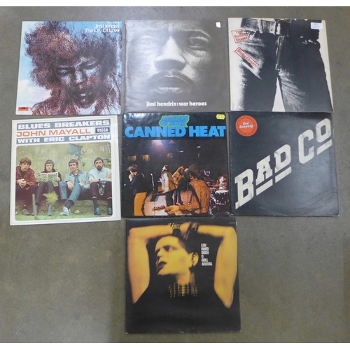 857 - 1970s/80s rock LP records, The Rolling Stones (Sticky Fingers small zip cover), Jimi Hendrix, Bad Co... 