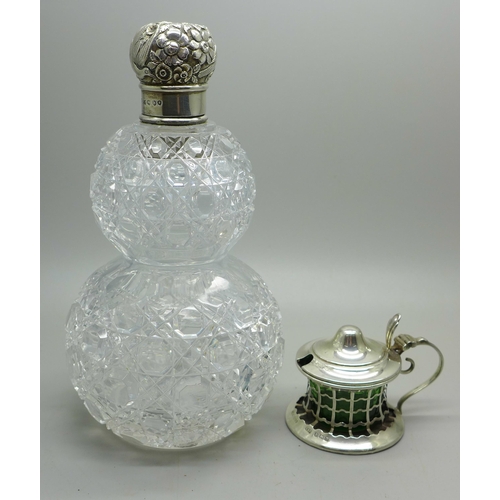 876 - A silver topped scent bottle, lid a/f and a silver mustard with green glass liner