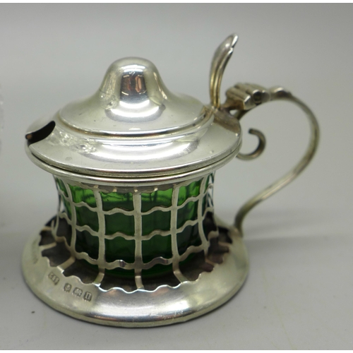 876 - A silver topped scent bottle, lid a/f and a silver mustard with green glass liner