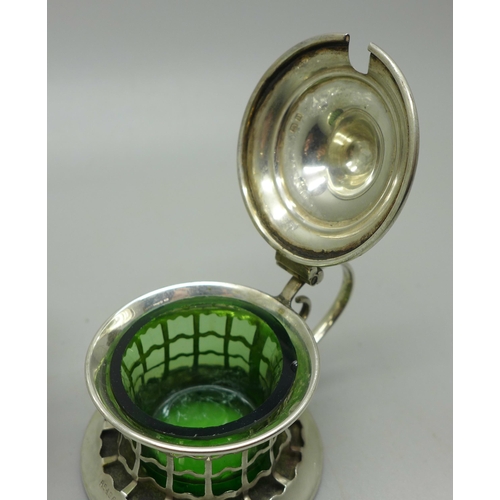 876 - A silver topped scent bottle, lid a/f and a silver mustard with green glass liner