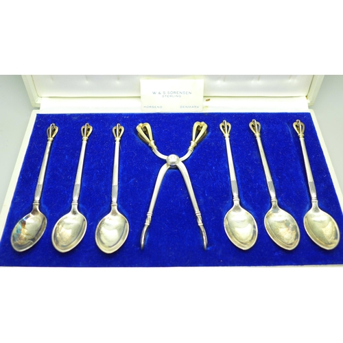 877 - A W & S Sorensen Danish sterling silver crown design tea spoon and sugar nip set, 92g, boxed