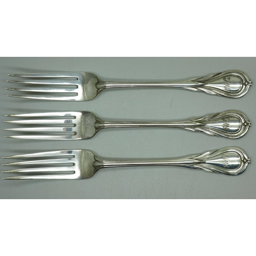 903 - Three very large heavy silver serving forks, Lily pattern, G. Adams maker, London 1862, 275g, 22cm