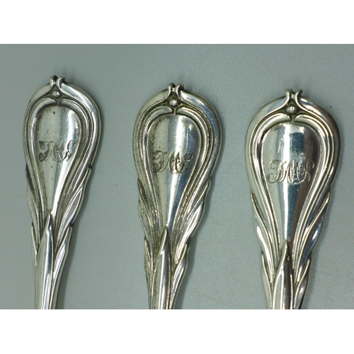 903 - Three very large heavy silver serving forks, Lily pattern, G. Adams maker, London 1862, 275g, 22cm