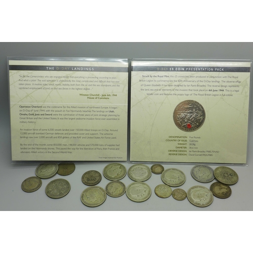 906 - Pre 1947 .500 silver coins, 143g, with a D-Day £5 presentation coin