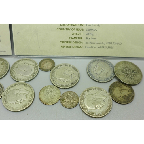 906 - Pre 1947 .500 silver coins, 143g, with a D-Day £5 presentation coin