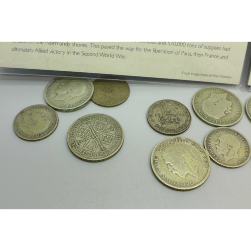 906 - Pre 1947 .500 silver coins, 143g, with a D-Day £5 presentation coin