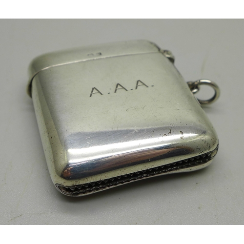 908 - A silver vesta case, engraved front, Birmingham 1919, 43g