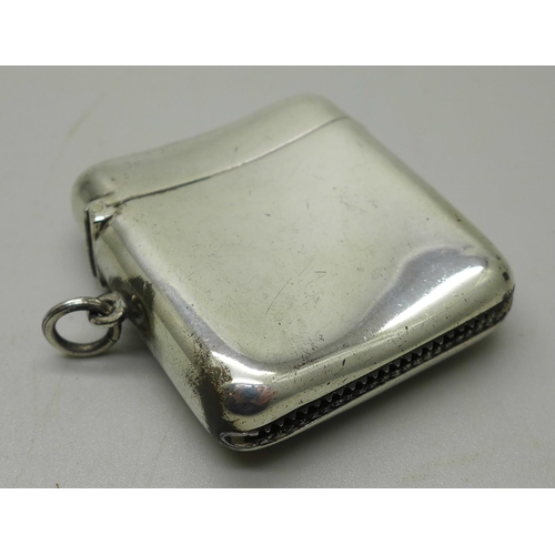 908 - A silver vesta case, engraved front, Birmingham 1919, 43g