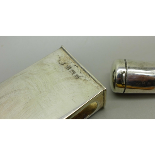 910 - A 9ct gold mounted amber cheroot holder with silver case, Birmingham 1912 and a silver matchbox hold... 