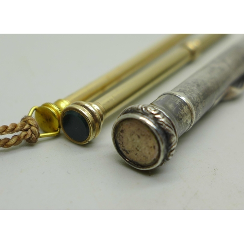 914 - A rolled gold seal end pencil, a Wahl silver pencil and one other