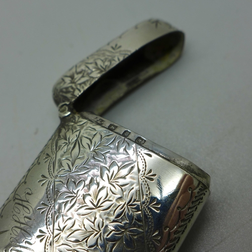 915 - A silver vesta case with hand engraved decoration and initials to corner, Birmingham 1898, 25g