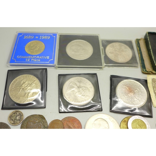 923 - Assorted commemorative coins and tokens, some drilled, 18th Century and later including a small amou... 