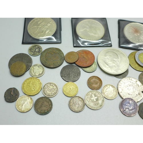 923 - Assorted commemorative coins and tokens, some drilled, 18th Century and later including a small amou... 