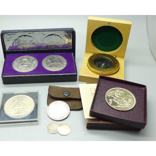 961 - A collection of coins including commemorative crowns, an 1887 double florin, two three pence pieces ... 