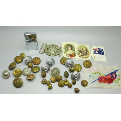 978 - A tin containing BR buttons, Boys Brigade belt buckle and Falcon lighter