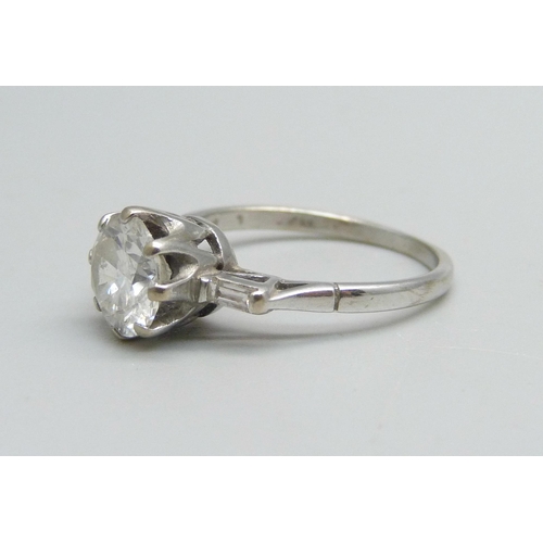 1000 - An 18ct white gold and diamond Art Deco style ring, 1.5ct centre stone with baguette diamond shoulde... 