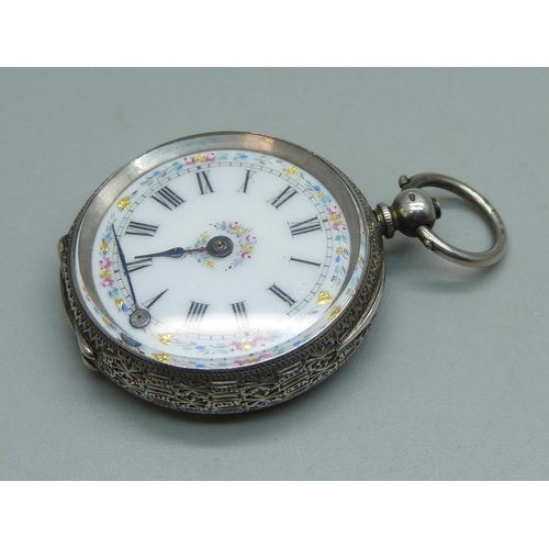 1003 - A lady's .935 silver fob watch with enamel dial, one hand loose