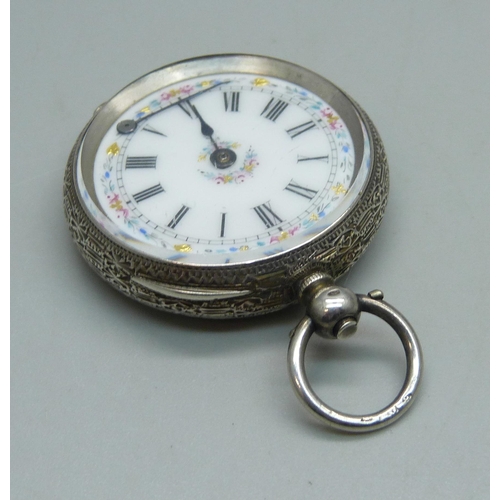 1003 - A lady's .935 silver fob watch with enamel dial, one hand loose