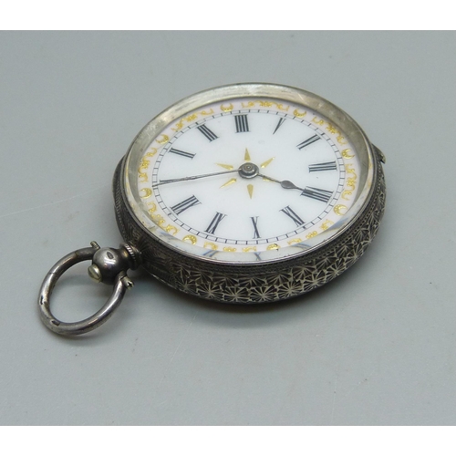 1004 - A lady's .935 silver fob watch with enamel dial, inscription to inner case back