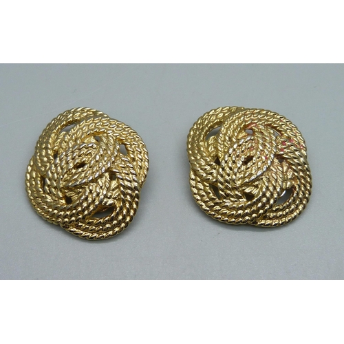 1012 - A pair of Butler and Wilson gold tone clip on 1980s earrings, 3.5cm