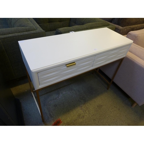 1586 - A white two drawer console table with gold legs