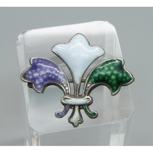 1031 - A silver and enamel suffragette fleur-de-lys brooch, enamel a/f