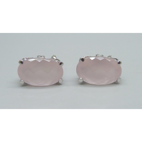 1033 - A pair of 14ct white gold and faceted cut rose quartz earrings, the sides set with diamonds, 8g, 1.5... 