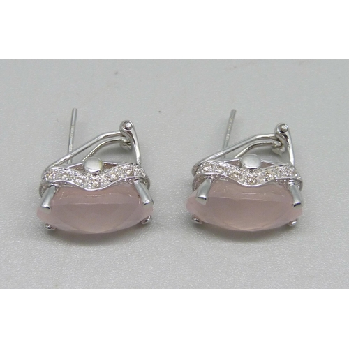 1033 - A pair of 14ct white gold and faceted cut rose quartz earrings, the sides set with diamonds, 8g, 1.5... 