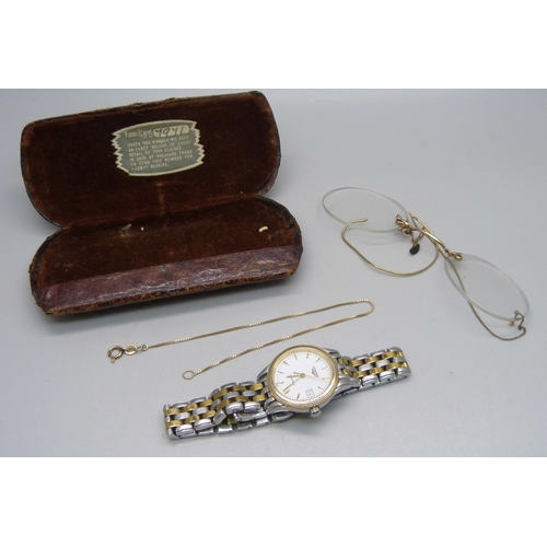 1036 - A lady's Longines wristwach, a pair of spectacles and a 10ct gold box chain bracelet, 0.9g