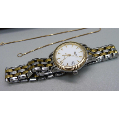 1036 - A lady's Longines wristwach, a pair of spectacles and a 10ct gold box chain bracelet, 0.9g