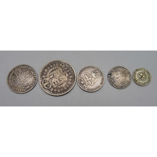 1039 - An 1890 Victoria half crown, a George II shilling, George III shilling, a William II coin, drilled a... 