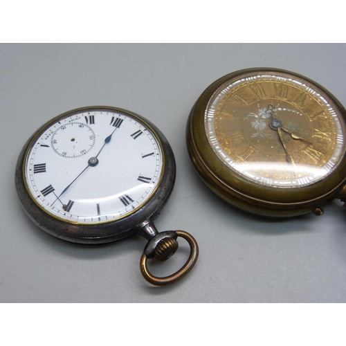 1060 - A John Forrest brass mounted pocket watch with engraved dial, a gun metal top wind pocket watch and ... 