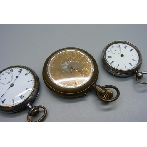 1060 - A John Forrest brass mounted pocket watch with engraved dial, a gun metal top wind pocket watch and ... 