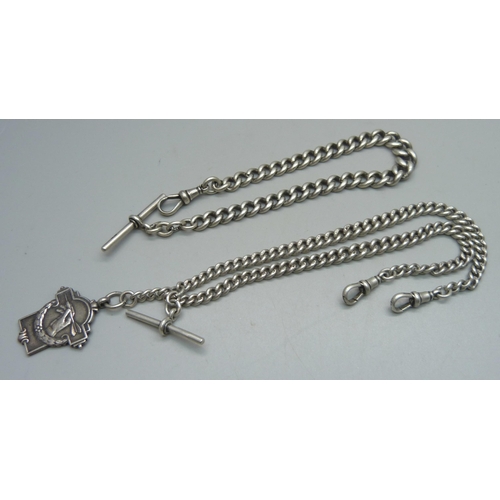 1074 - Two silver Albert chains and a darts fob, double albert measures 38.5cm including clips, single meas... 