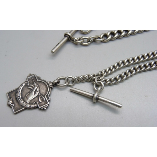 1074 - Two silver Albert chains and a darts fob, double albert measures 38.5cm including clips, single meas... 