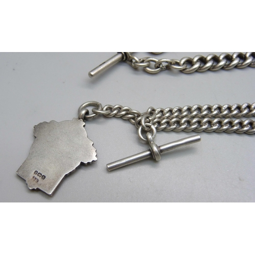 1074 - Two silver Albert chains and a darts fob, double albert measures 38.5cm including clips, single meas... 