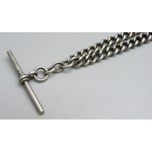 1076 - A silver double Albert chain, 42g, 40cm including dog clips