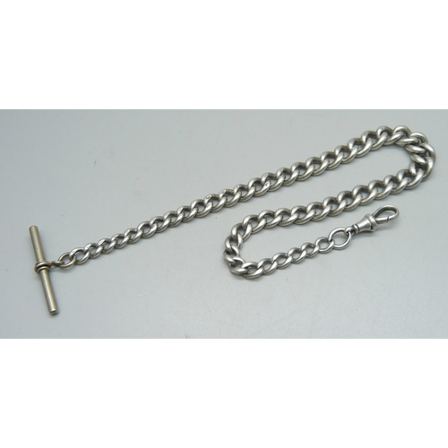 1077 - A silver Albert chain with base metal T bar, 47g, 34.5cm including dog clip and T bar