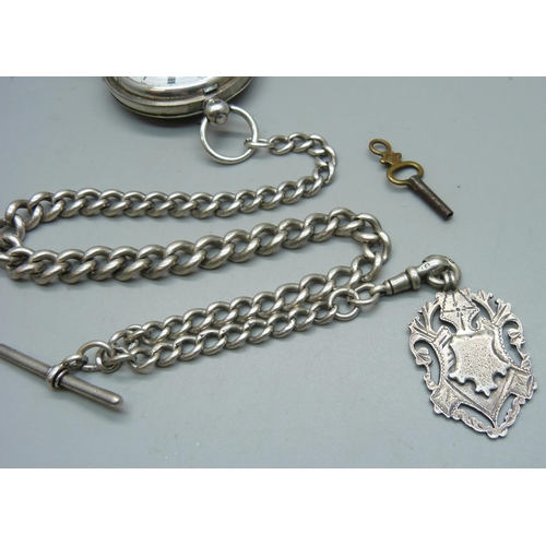 1082 - A silver cased full hunter pocket watch and a silver albert chain, chain and fob 63g, 32.5cm chain l... 