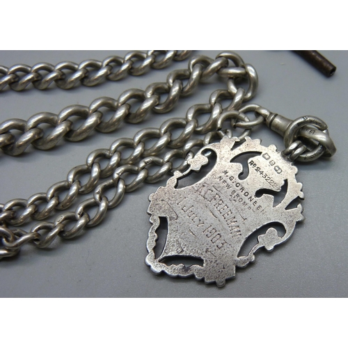 1082 - A silver cased full hunter pocket watch and a silver albert chain, chain and fob 63g, 32.5cm chain l... 