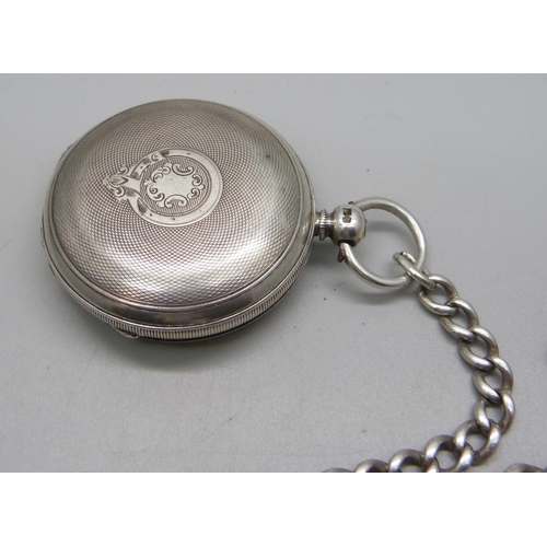 1082 - A silver cased full hunter pocket watch and a silver albert chain, chain and fob 63g, 32.5cm chain l... 