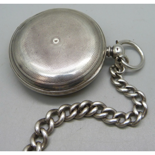 1082 - A silver cased full hunter pocket watch and a silver albert chain, chain and fob 63g, 32.5cm chain l... 