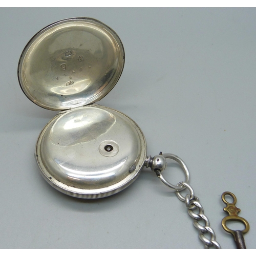 1082 - A silver cased full hunter pocket watch and a silver albert chain, chain and fob 63g, 32.5cm chain l... 