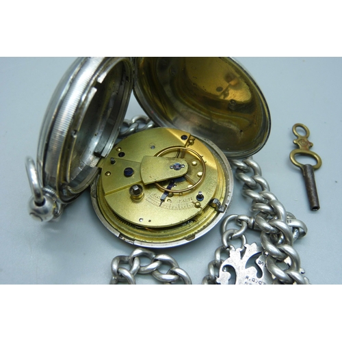 1082 - A silver cased full hunter pocket watch and a silver albert chain, chain and fob 63g, 32.5cm chain l... 