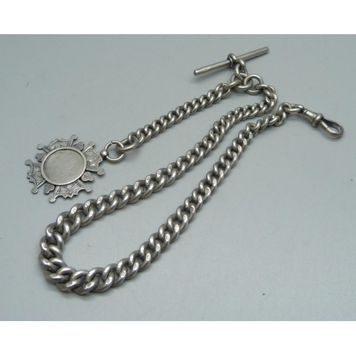 1084 - A silver Albert chain with fob, 67g, 37.5cm chain (length without fob) including dog clip