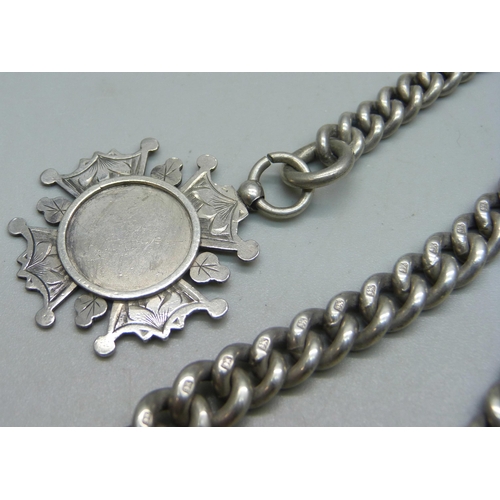 1084 - A silver Albert chain with fob, 67g, 37.5cm chain (length without fob) including dog clip